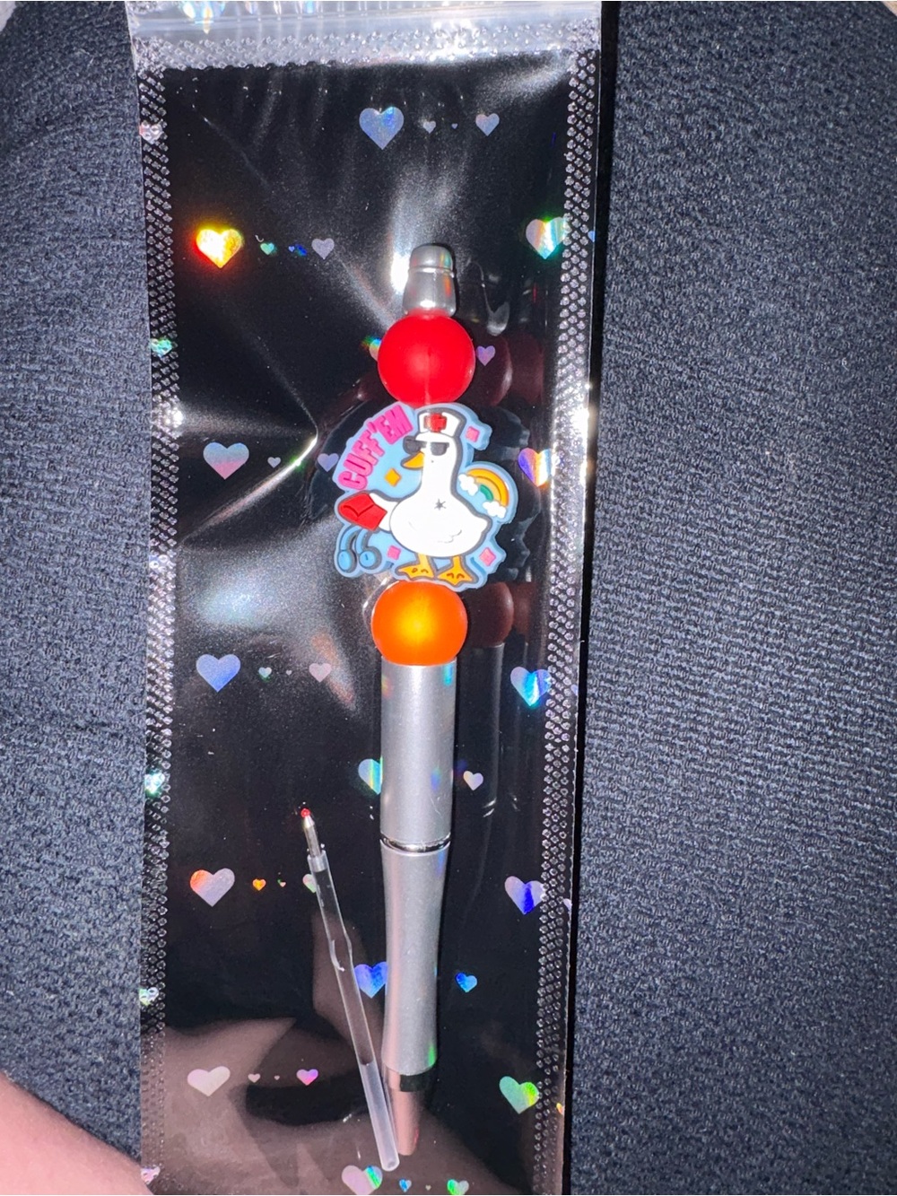 Kids Silver Stylus Pen with Red and Orange Beads and Duck Charm